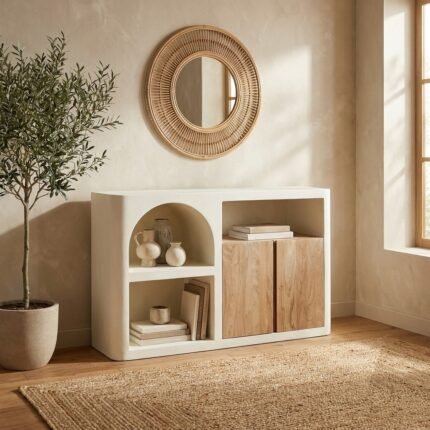 PRITI Lage crèmekleurige sideboard boekenkast met 2 deuren en 1 nis