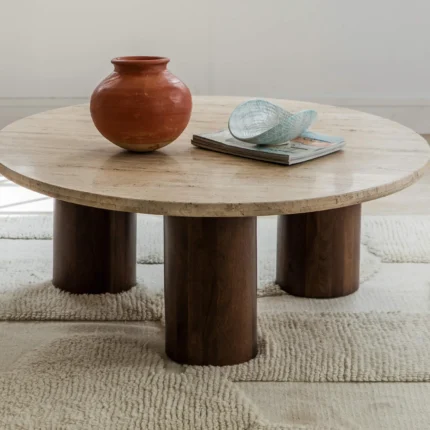 PRITI Wood & Marble Round Coffee Table | Minimal Center Table For Bedroom & Home