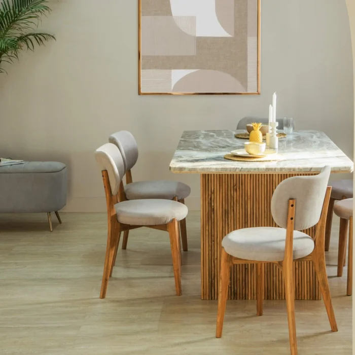 PRITI Hiro Wooden And Marble Finish Modern Designed 6 seater Dining Table For Dining Room