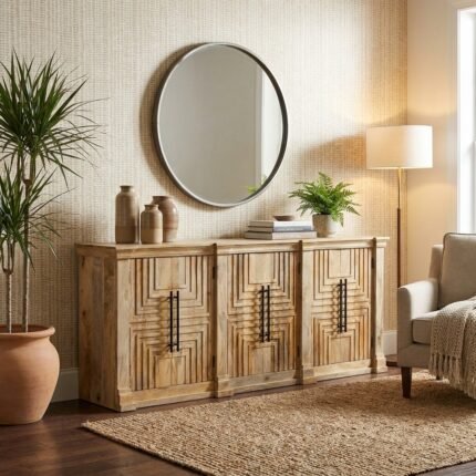 Geometric Carved Wooden Sideboard (Solid Wood)