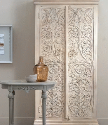 Handcrafted Wooden Cabinet with Floral Carving (Solid Wood)