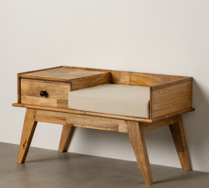 Wooden Telephone Bench with Cushion and Storage Drawers (Solid Wood)