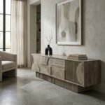 Meuble TV 200 cm en Bois de Manguier Massif Grisé – Sculpté & Spacieux