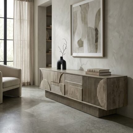 Meuble TV 200 cm en Bois de Manguier Massif Grisé – Sculpté & Spacieux