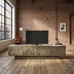 Meuble TV 200 cm en Bois de Manguier Massif Grisé – Sculpté & Spacieux