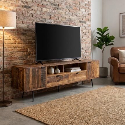 Grand Meuble TV 205cm en Bois Massif Recyclé & Métal Noir