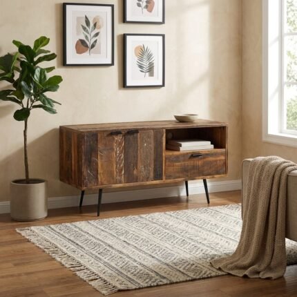Meuble TV 115cm en Bois Massif Recycle & Metal Noir