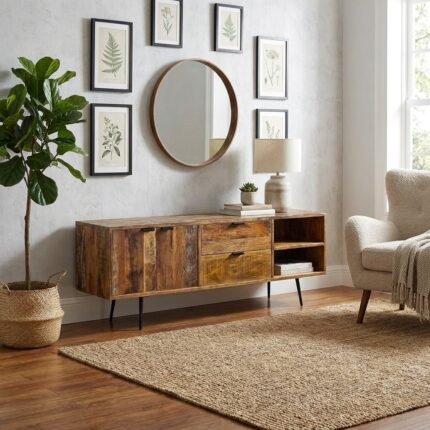 Grand Meuble TV 160cm end Bois Massif Recycle & Metal Noir