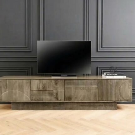 Meuble TV 200 cm en Bois de Manguier Massif Grisé – Sculpté & Spacieux