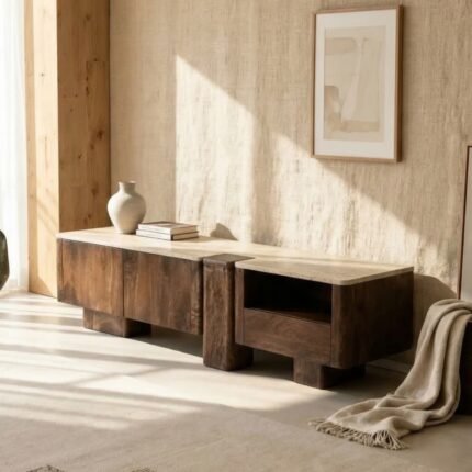 Meuble TV en bois de manguier et travertin Carola