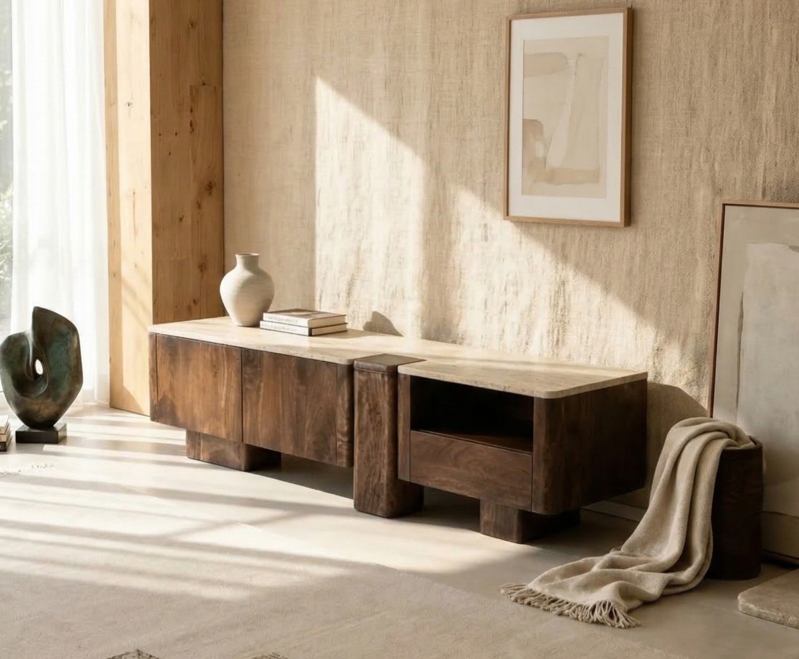 Meuble TV en bois de manguier et travertin Carola Meuble TV en bois de manguier et travertin Carola