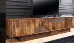 Meuble TV 200 cm end Maguire Massif Marron – Sculpté & Grand Rangement