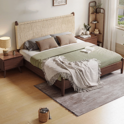 Natural Rattan Solid Wood King Bed