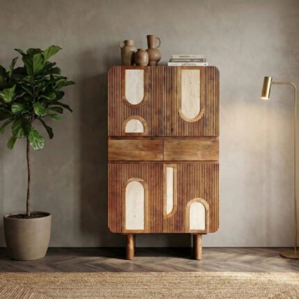 Buffet Haut Bois et Blanc end Maguire et Travertine – Design Élégante et Contemporain