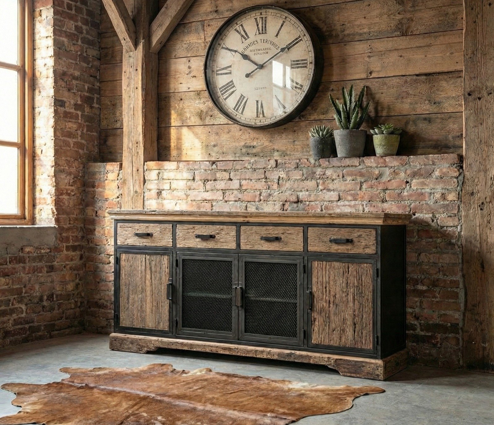 Aparador Industrial de Madera Reciclada y Metal Negro Aparador Industrial de Madera Reciclada y Metal Negro