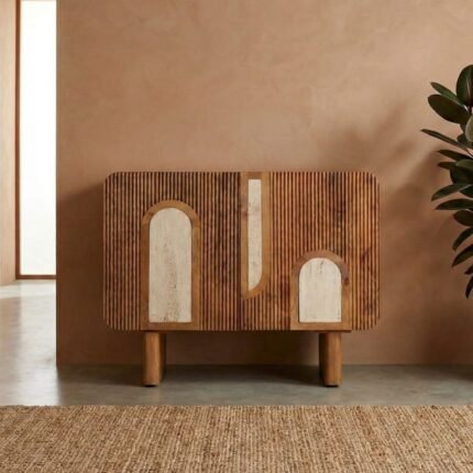 Petit Buffet Bois et Blanc end Maguire et Travertine – Élégante & Moderne