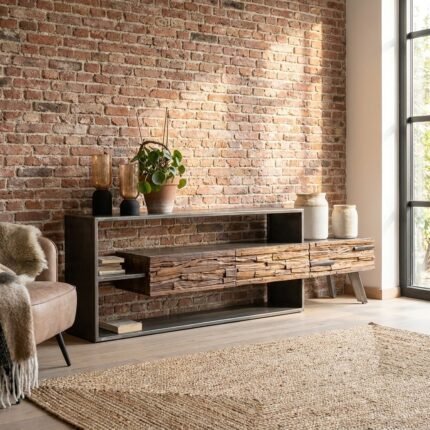 Meuble TV industriel en acacia massif et bois recyclé avec LED