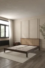 Minimalist Dark Wood & Rattan Bed frame - Image 2