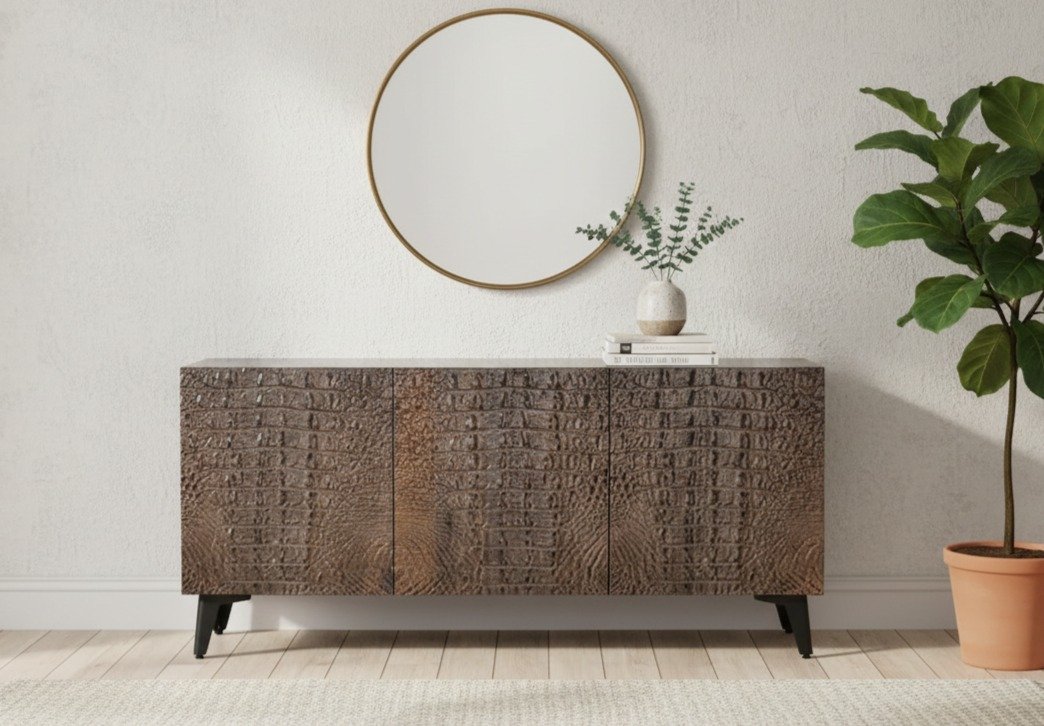 Buffet à 3 portes avec finition cuir d’alligator Buffet à 3 portes avec finition cuir d’alligator