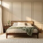 Minimalist Dark Wood & Rattan Bed frame