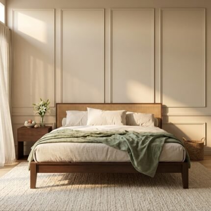 Minimalist Dark Wood & Rattan Bed frame