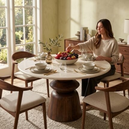 Table à manger design ronde bois et marbre