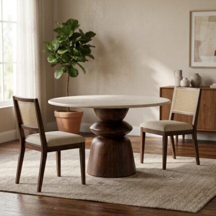 Table à manger design ronde bois et marbre