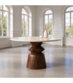 Table à manger design ronde bois et marbre - Image 5