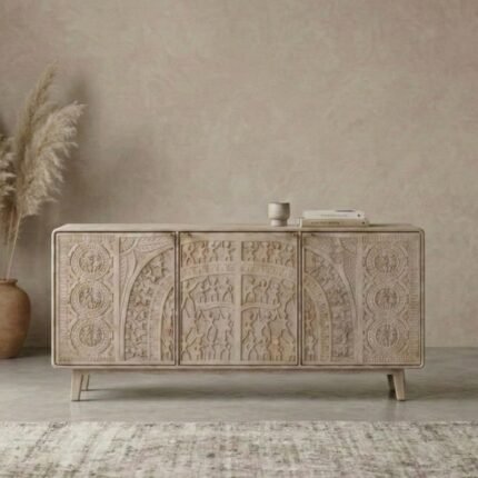 hand-carved wooden cabinet with Warli art