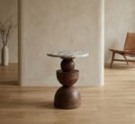 wooden pedestal marble top table