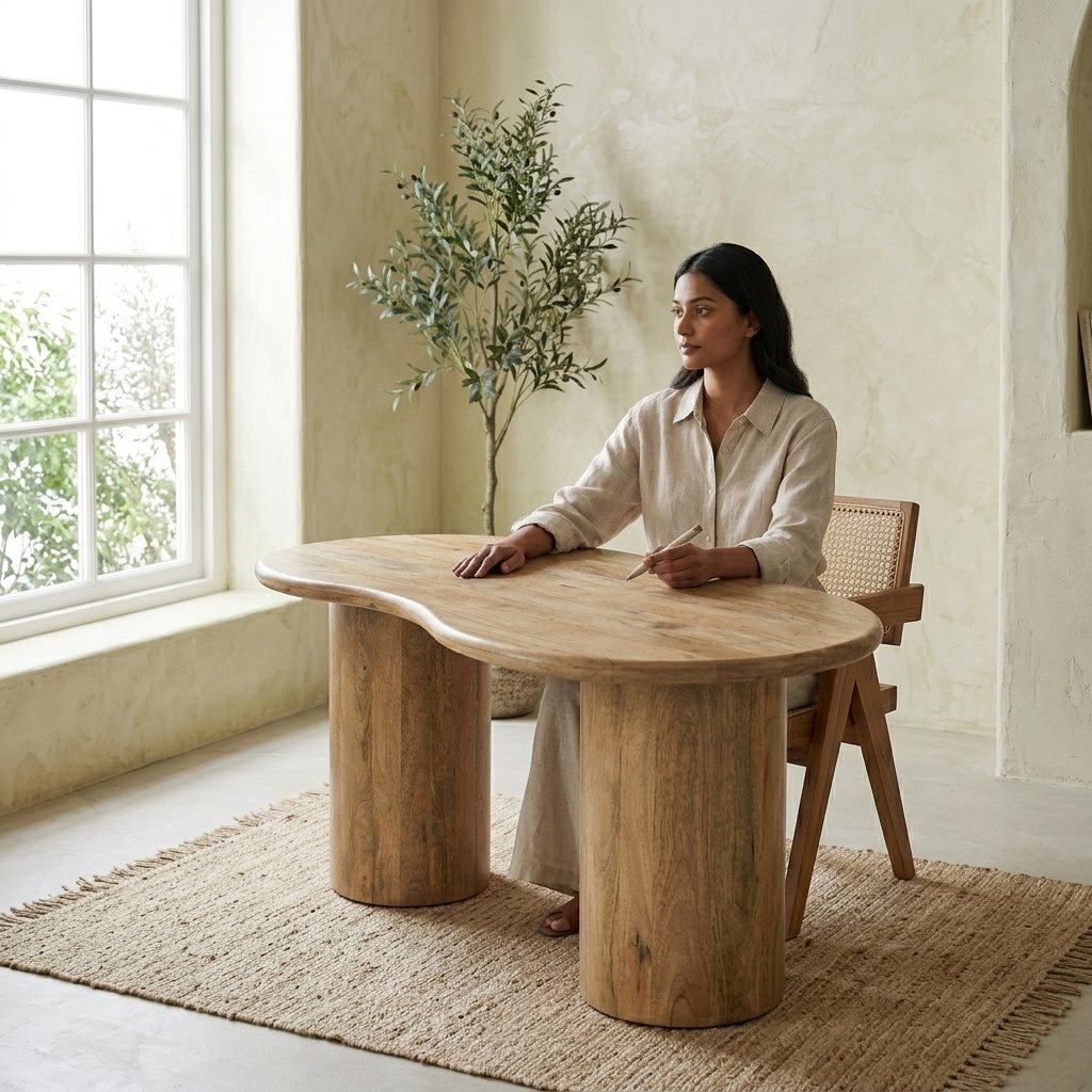 Eettafel Priti Natural Mango Wood Dining Table With Column Leg- Organic | 180 cm Eettafel Priti Natural Mango Wood Dining Table With Column Leg- Organic | 180 cm